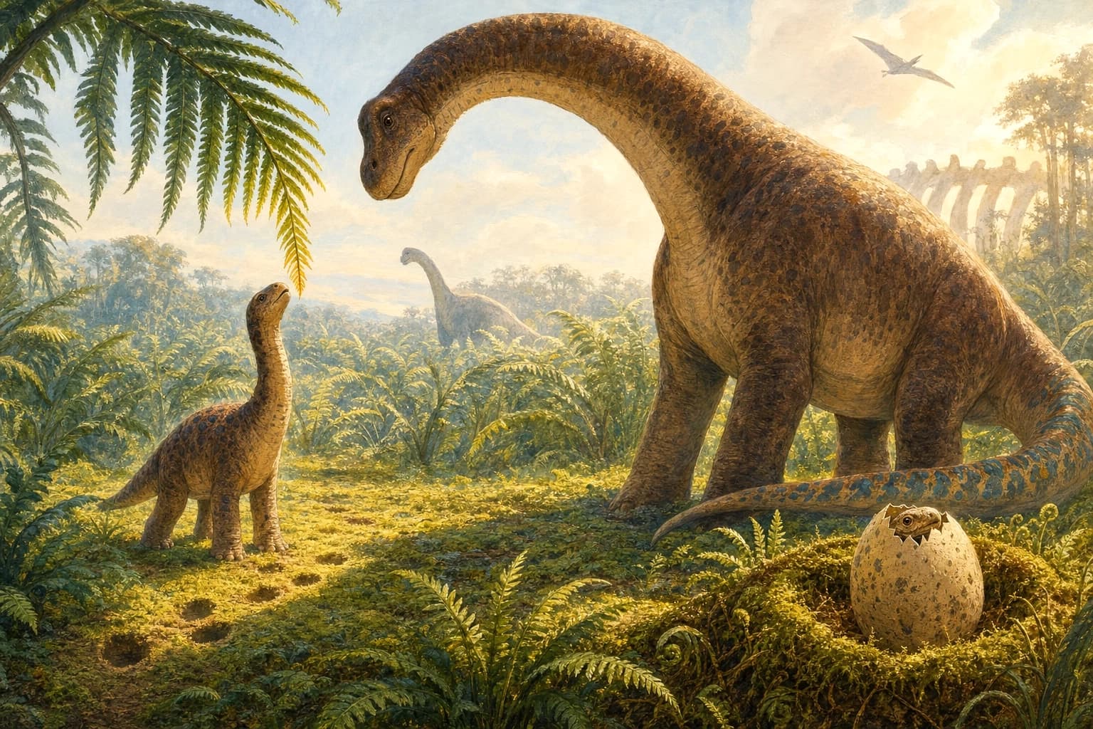 A young dinosaur reaching toward a leaf in a sunlit prehistoric meadow.