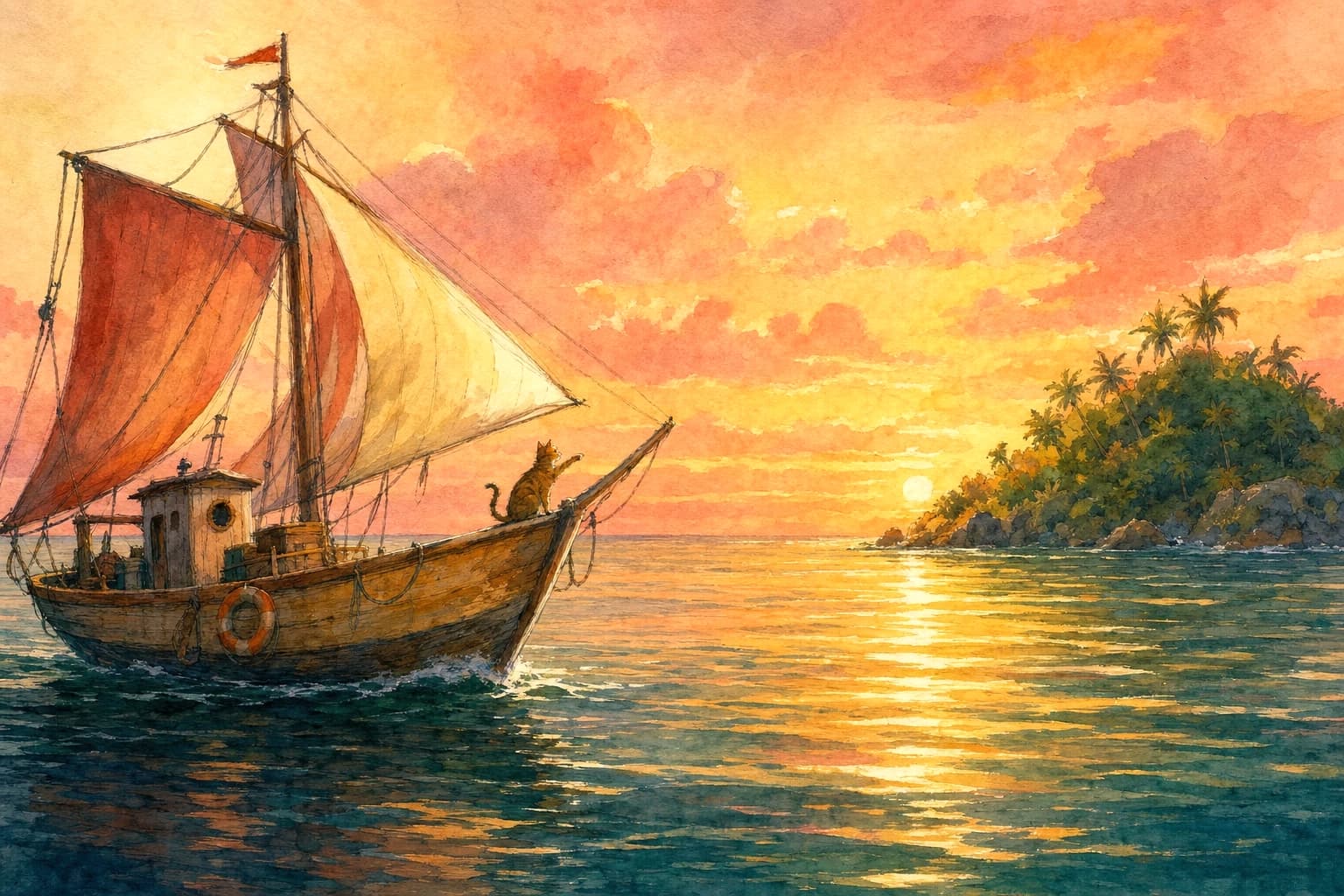 A child captaining a small ship across friendly seas.