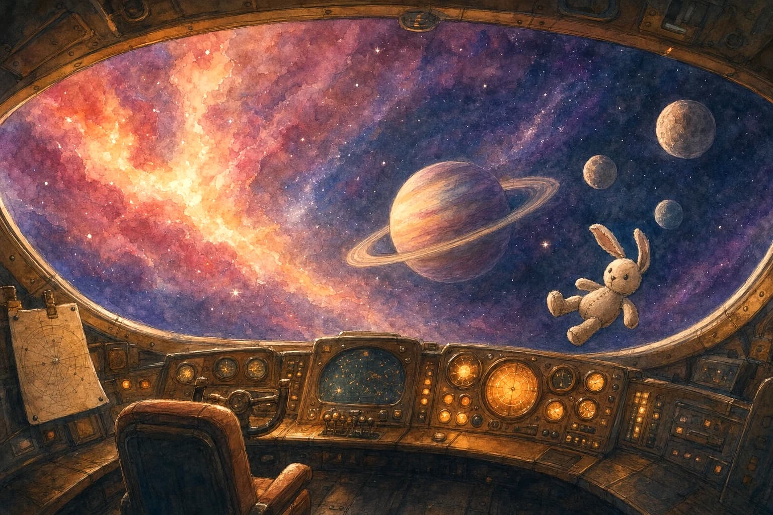 A child floating among stars and friendly planets.