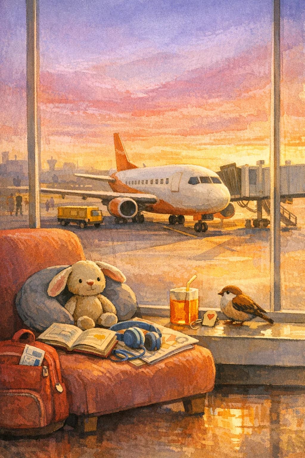 A stuffed bunny on an airport-lounge chair watching a plane out the window at sunset.