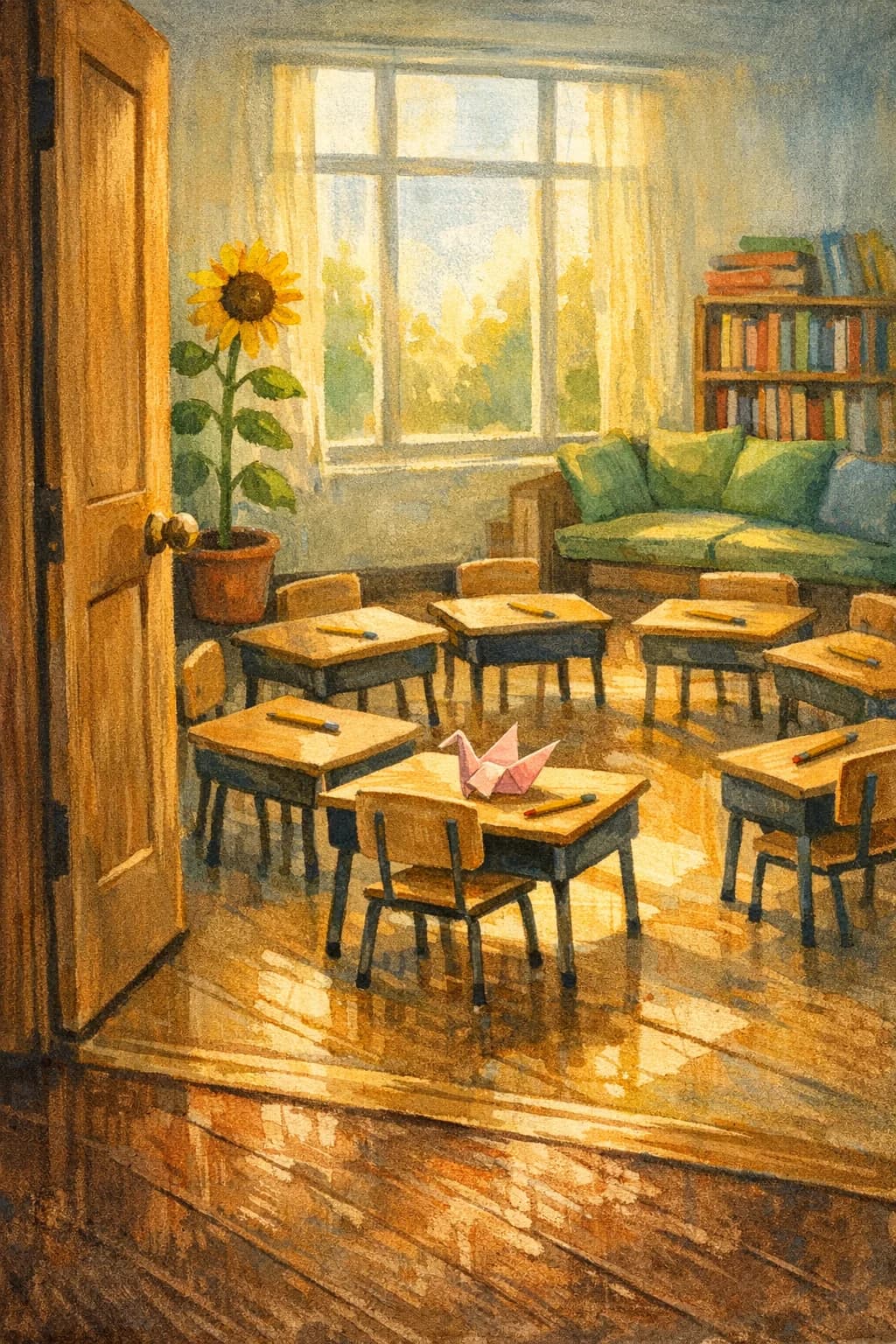 A child walking into a new classroom.