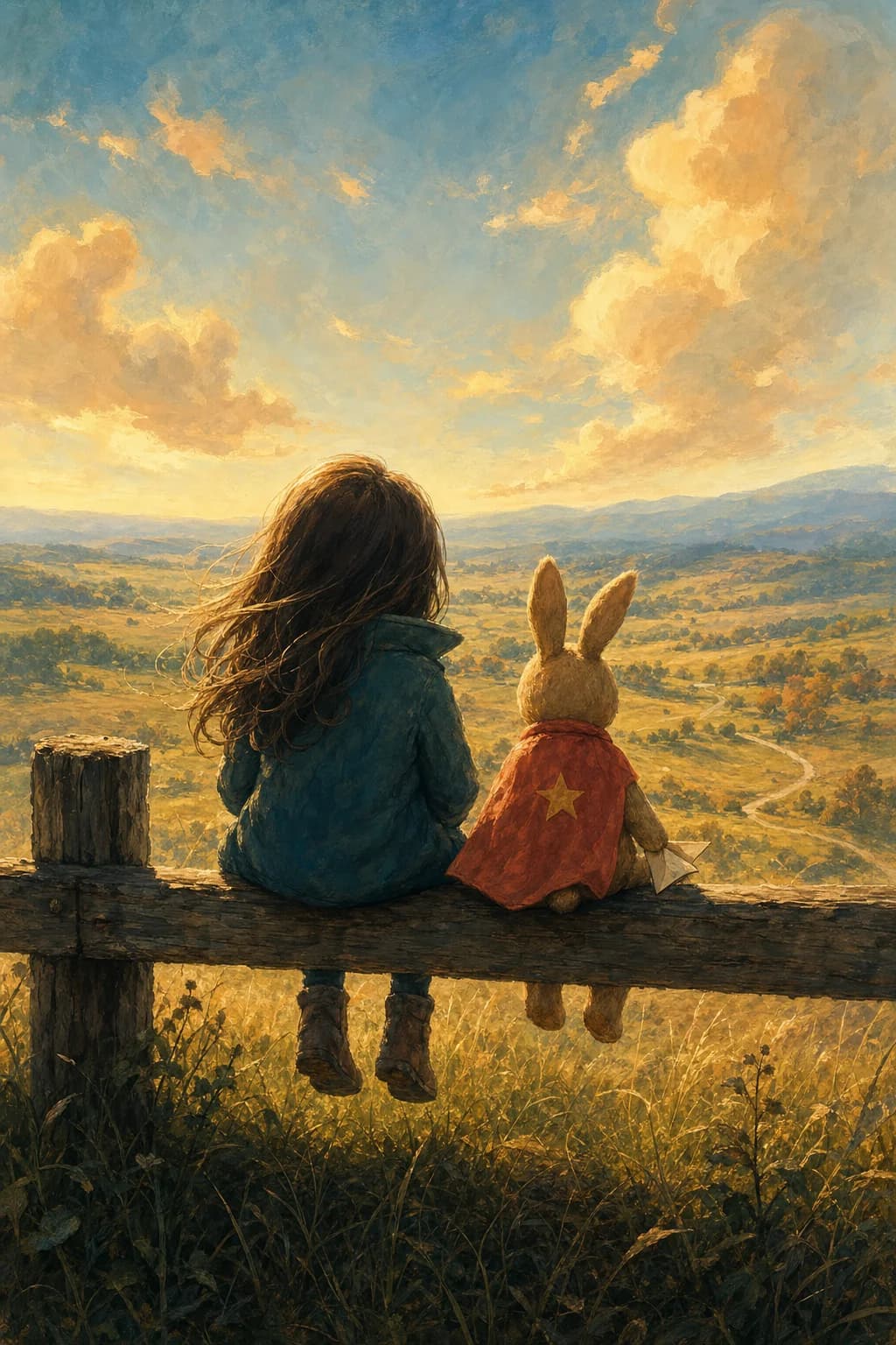 A child and their buddy sitting on a wooden fence, looking out at a sunset valley.